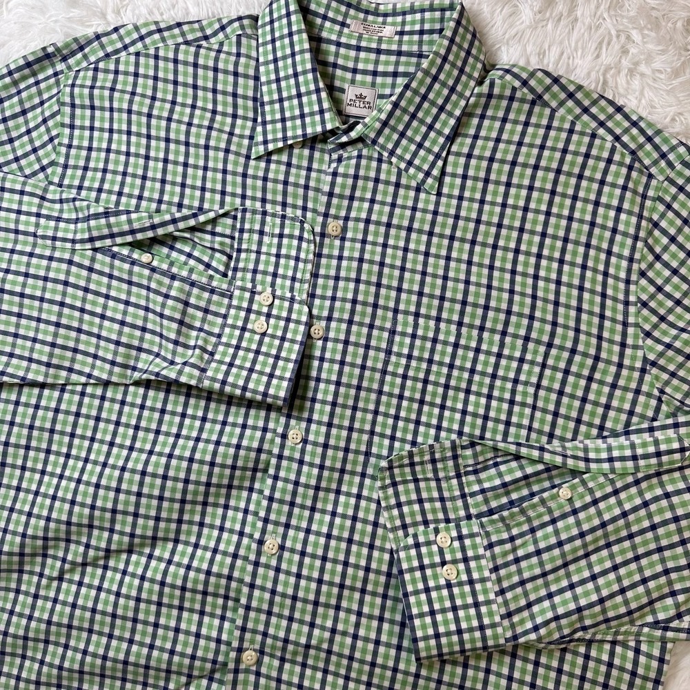 Peter Millar Mens XL Check Dress Shirt Green Blue White 100% Cotton Button Front